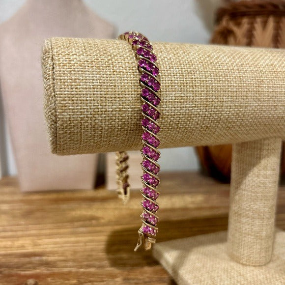 925 Sterling Silver Gold Plated Ruby Triple Stone All Around Bracelet