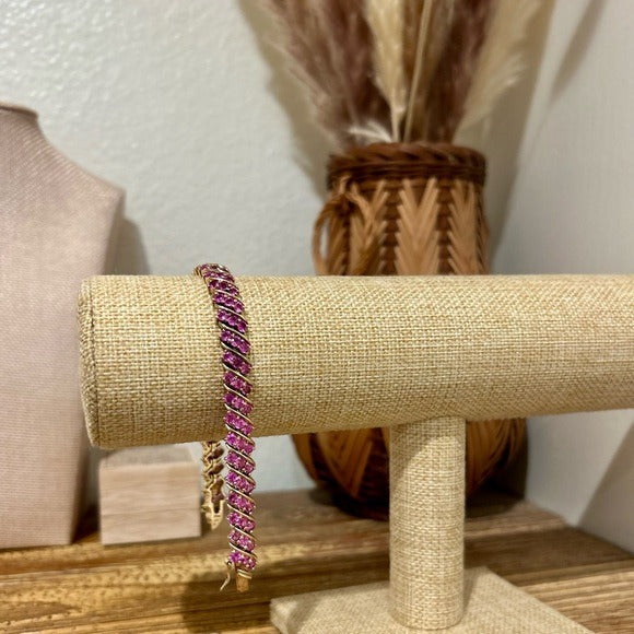 925 Sterling Silver Gold Plated Ruby Triple Stone All Around Bracelet