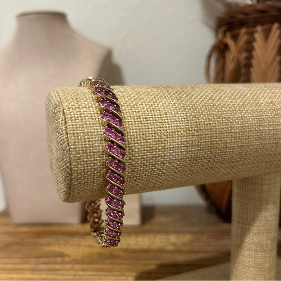 925 Sterling Silver Gold Plated Ruby Triple Stone All Around Bracelet