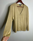 Saks Fifth Avenue 100% Silk Knit Textured Gold Tan Button Down Cardigan Sweater