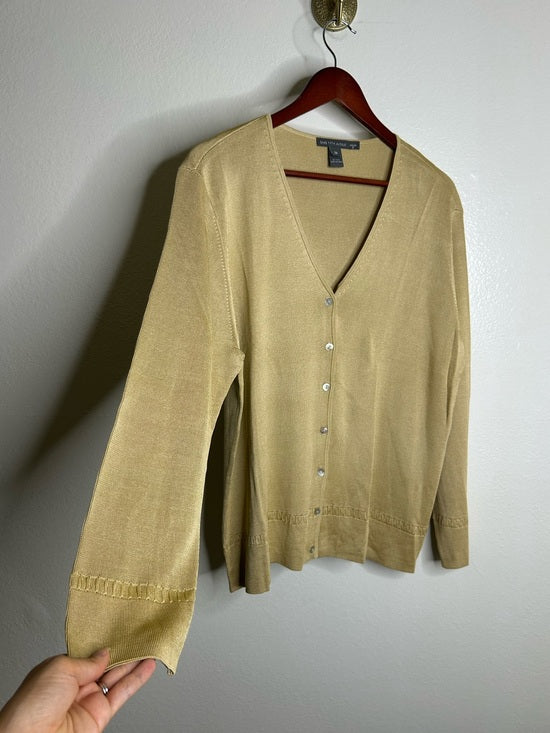 Saks Fifth Avenue 100% Silk Knit Textured Gold Tan Button Down Cardigan Sweater