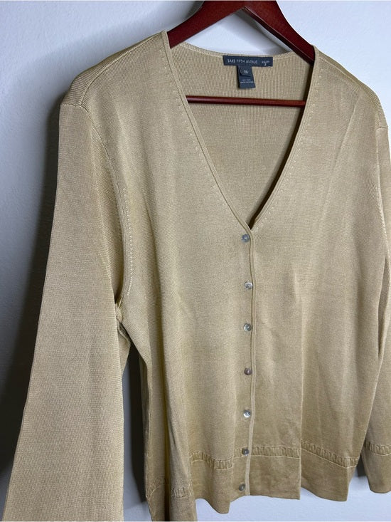 Saks Fifth Avenue 100% Silk Knit Textured Gold Tan Button Down Cardigan Sweater