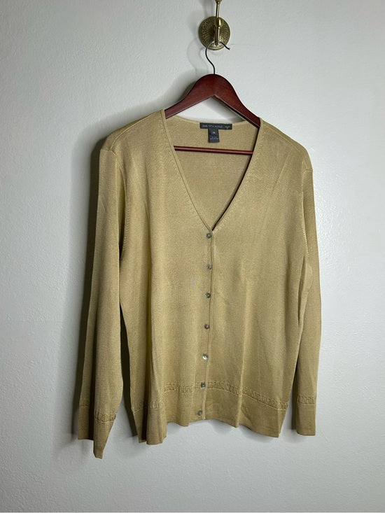 Saks Fifth Avenue 100% Silk Knit Textured Gold Tan Button Down Cardigan Sweater