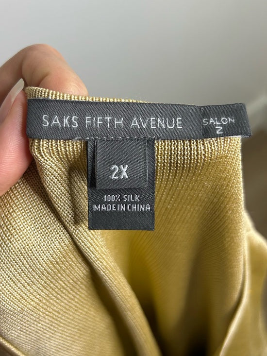 Saks Fifth Avenue 100% Silk Knit Textured Gold Tan Button Down Cardigan Sweater