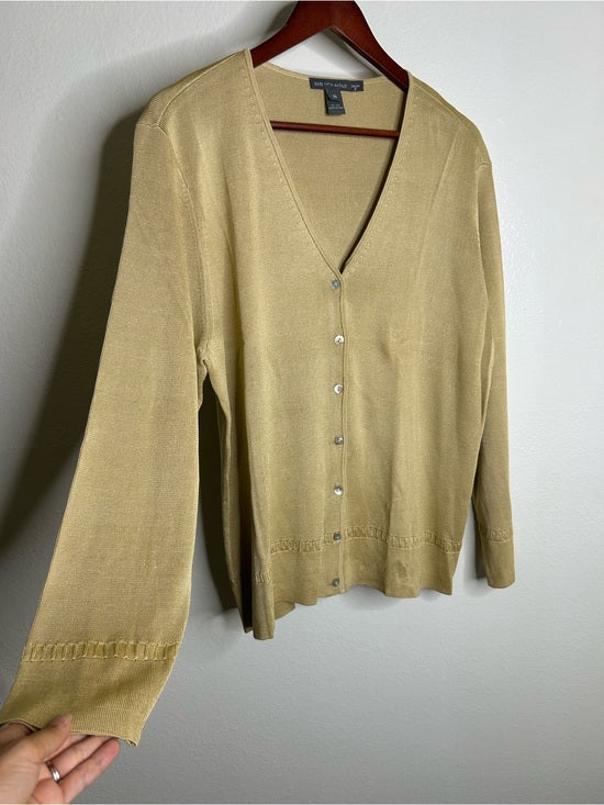 Saks Fifth Avenue 100% Silk Knit Textured Gold Tan Button Down Cardigan Sweater
