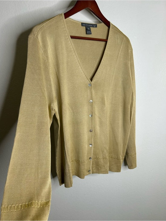 Saks Fifth Avenue 100% Silk Knit Textured Gold Tan Button Down Cardigan Sweater
