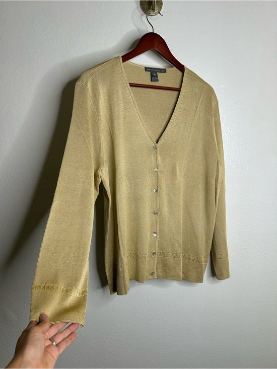 Saks Fifth Avenue 100% Silk Knit Textured Gold Tan Button Down Cardigan Sweater