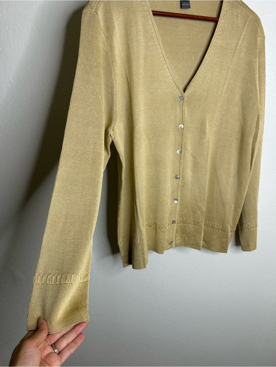 Saks Fifth Avenue 100% Silk Knit Textured Gold Tan Button Down Cardigan Sweater