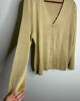Saks Fifth Avenue 100% Silk Knit Textured Gold Tan Button Down Cardigan Sweater