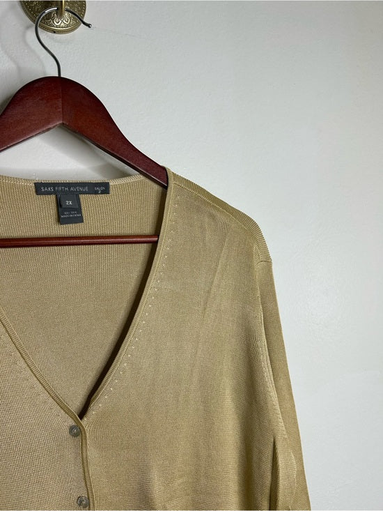 Saks Fifth Avenue 100% Silk Knit Textured Gold Tan Button Down Cardigan Sweater