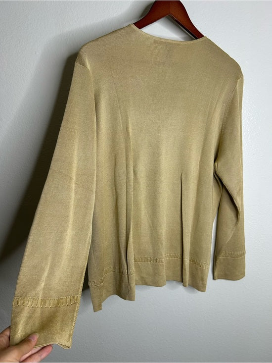 Saks Fifth Avenue 100% Silk Knit Textured Gold Tan Button Down Cardigan Sweater