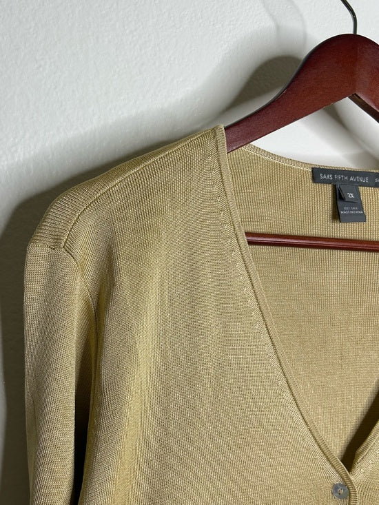 Saks Fifth Avenue 100% Silk Knit Textured Gold Tan Button Down Cardigan Sweater
