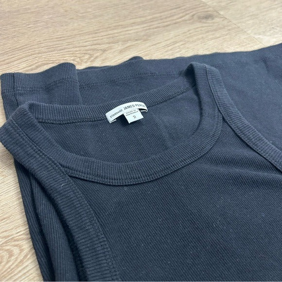 James Perse James Perse 100% Cotton Black Ribbed High Scoop Neck Tank Top - Cotton