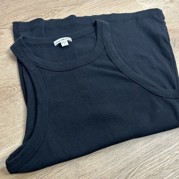 James Perse James Perse 100% Cotton Black Ribbed High Scoop Neck Tank Top - Cotton