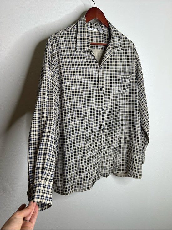 Ann Taylor Vintage Ann Taylor 100% Silk Checkered Oversized Button Down Long Sleeve Top - Silk