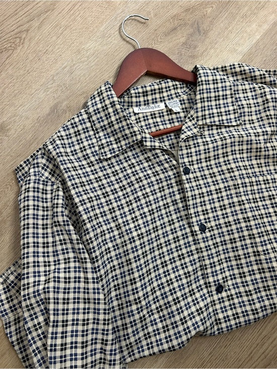Ann Taylor Vintage Ann Taylor 100% Silk Checkered Oversized Button Down Long Sleeve Top - Silk