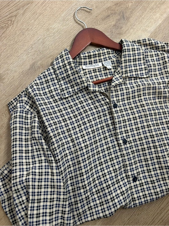 Ann Taylor Vintage Ann Taylor 100% Silk Checkered Oversized Button Down Long Sleeve Top - Silk