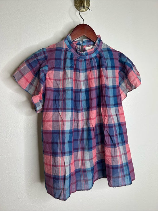 Trovata 100% Cotton Carla High Neck Pink Blue Plaid Short Sleeve Blouse Top