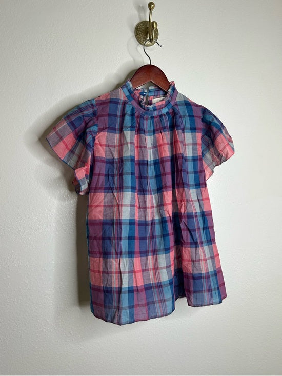 Trovata 100% Cotton Carla High Neck Pink Blue Plaid Short Sleeve Blouse Top