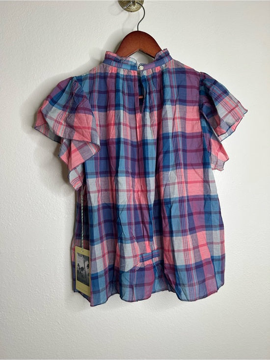Trovata 100% Cotton Carla High Neck Pink Blue Plaid Short Sleeve Blouse Top