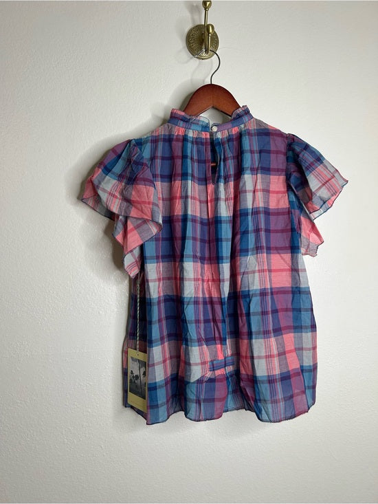 Trovata 100% Cotton Carla High Neck Pink Blue Plaid Short Sleeve Blouse Top