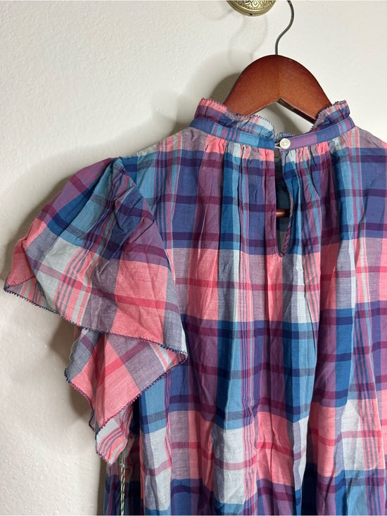 Trovata 100% Cotton Carla High Neck Pink Blue Plaid Short Sleeve Blouse Top