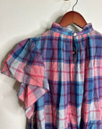 Trovata 100% Cotton Carla High Neck Pink Blue Plaid Short Sleeve Blouse Top
