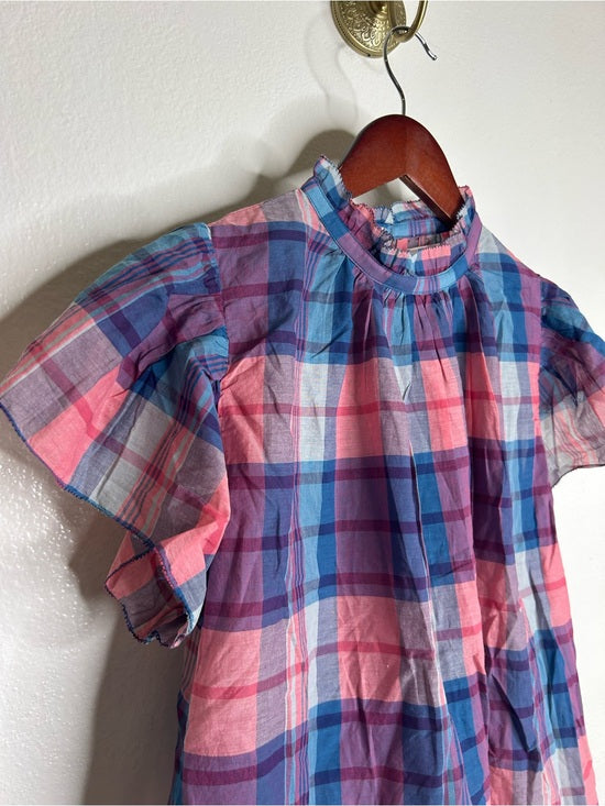 Trovata 100% Cotton Carla High Neck Pink Blue Plaid Short Sleeve Blouse Top