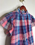 Trovata 100% Cotton Carla High Neck Pink Blue Plaid Short Sleeve Blouse Top