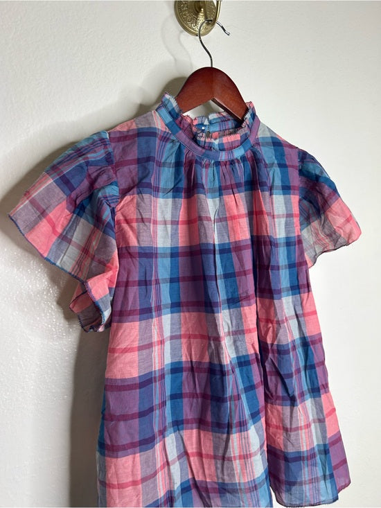 Trovata 100% Cotton Carla High Neck Pink Blue Plaid Short Sleeve Blouse Top