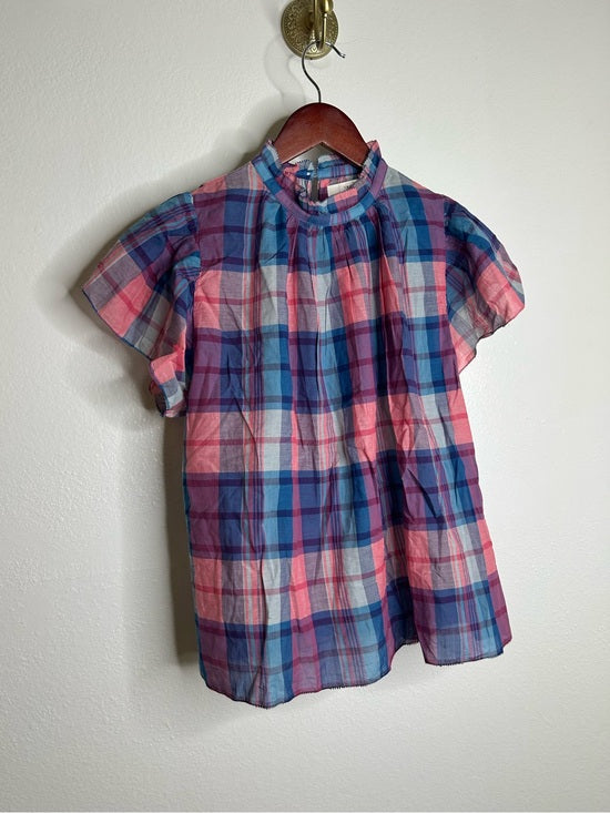 Trovata 100% Cotton Carla High Neck Pink Blue Plaid Short Sleeve Blouse Top