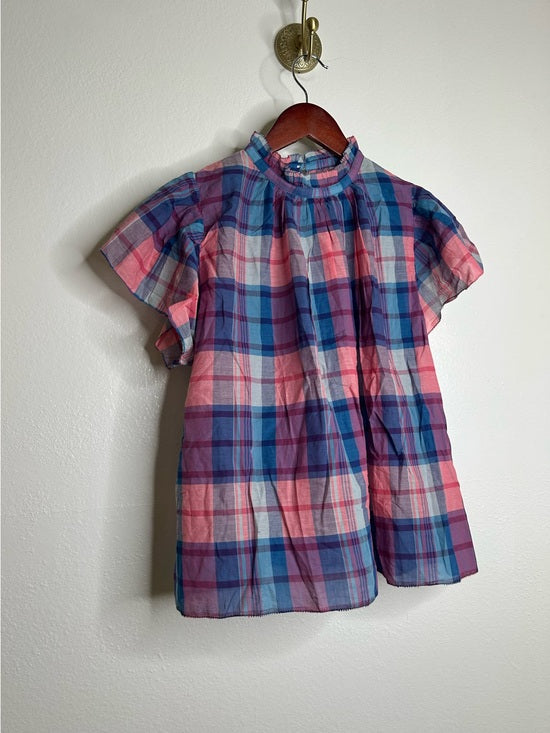 Trovata 100% Cotton Carla High Neck Pink Blue Plaid Short Sleeve Blouse Top