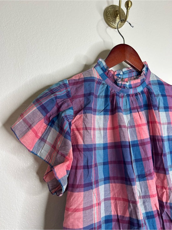 Trovata 100% Cotton Carla High Neck Pink Blue Plaid Short Sleeve Blouse Top