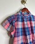 Trovata 100% Cotton Carla High Neck Pink Blue Plaid Short Sleeve Blouse Top