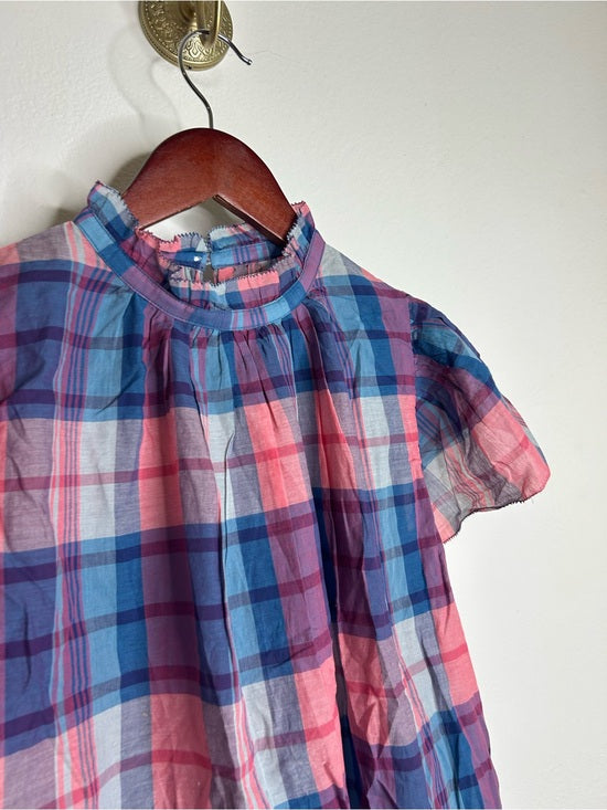 Trovata 100% Cotton Carla High Neck Pink Blue Plaid Short Sleeve Blouse Top
