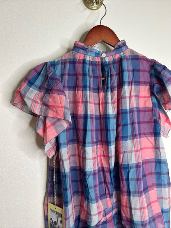 Trovata 100% Cotton Carla High Neck Pink Blue Plaid Short Sleeve Blouse Top