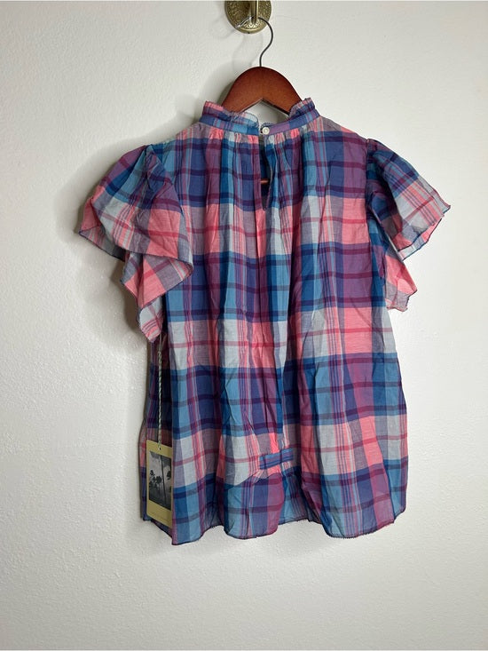 Trovata 100% Cotton Carla High Neck Pink Blue Plaid Short Sleeve Blouse Top