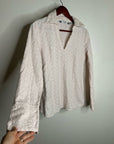 Carol Little 100% Linen Woven Cream Eyelet Bell Sleeve V - Neck Long Sleeve Top