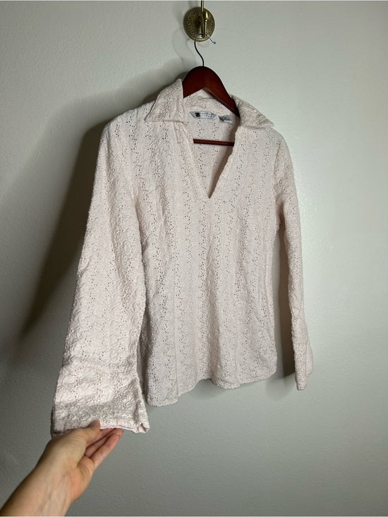 Carol Little 100% Linen Woven Cream Eyelet Bell Sleeve V - Neck Long Sleeve Top