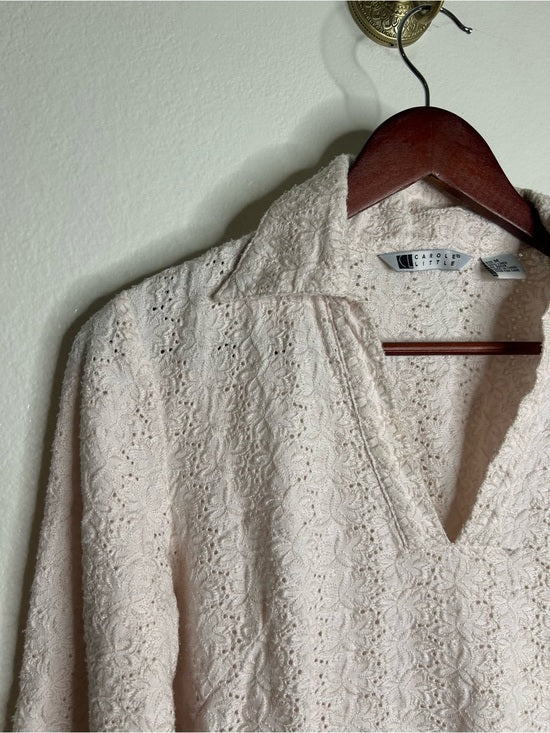 Carol Little 100% Linen Woven Cream Eyelet Bell Sleeve V - Neck Long Sleeve Top