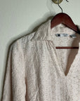 Carol Little 100% Linen Woven Cream Eyelet Bell Sleeve V - Neck Long Sleeve Top