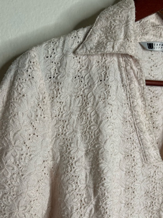Carol Little 100% Linen Woven Cream Eyelet Bell Sleeve V - Neck Long Sleeve Top