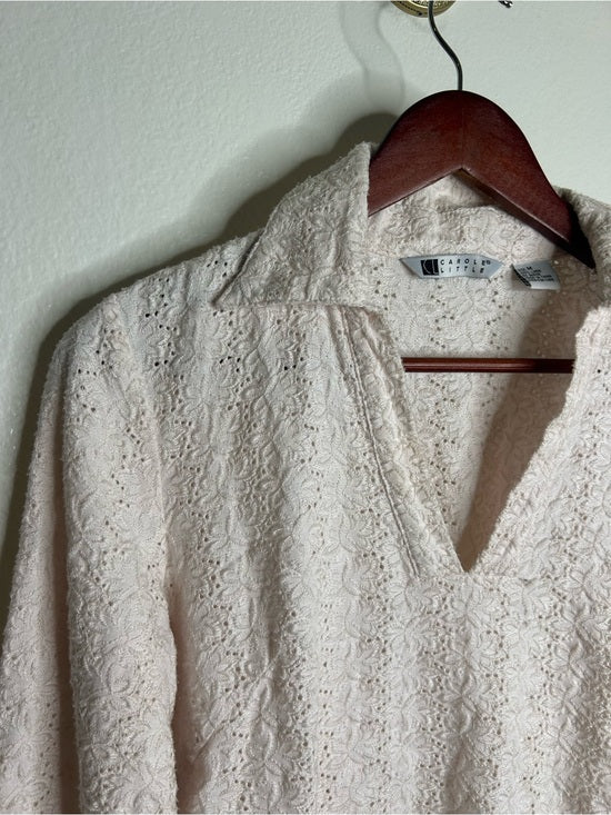 Carol Little 100% Linen Woven Cream Eyelet Bell Sleeve V - Neck Long Sleeve Top