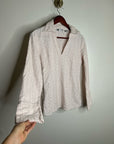 Carol Little 100% Linen Woven Cream Eyelet Bell Sleeve V - Neck Long Sleeve Top