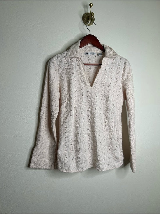 Carol Little 100% Linen Woven Cream Eyelet Bell Sleeve V - Neck Long Sleeve Top