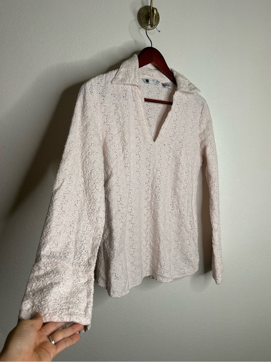 Carol Little 100% Linen Woven Cream Eyelet Bell Sleeve V - Neck Long Sleeve Top