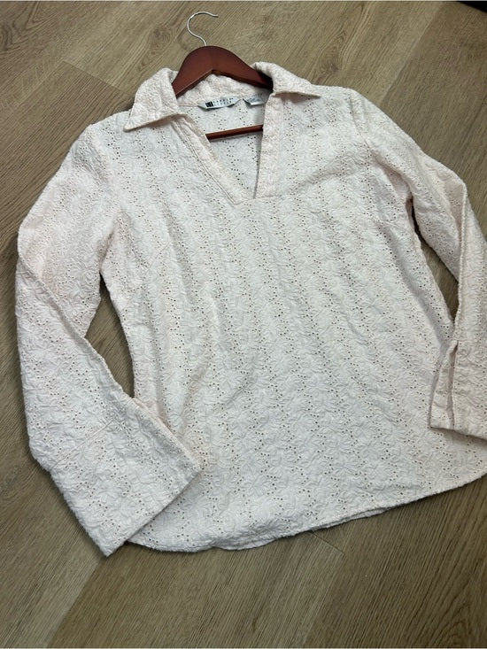 Carol Little 100% Linen Woven Cream Eyelet Bell Sleeve V - Neck Long Sleeve Top