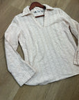 Carol Little 100% Linen Woven Cream Eyelet Bell Sleeve V - Neck Long Sleeve Top