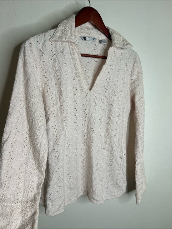 Carol Little 100% Linen Woven Cream Eyelet Bell Sleeve V - Neck Long Sleeve Top