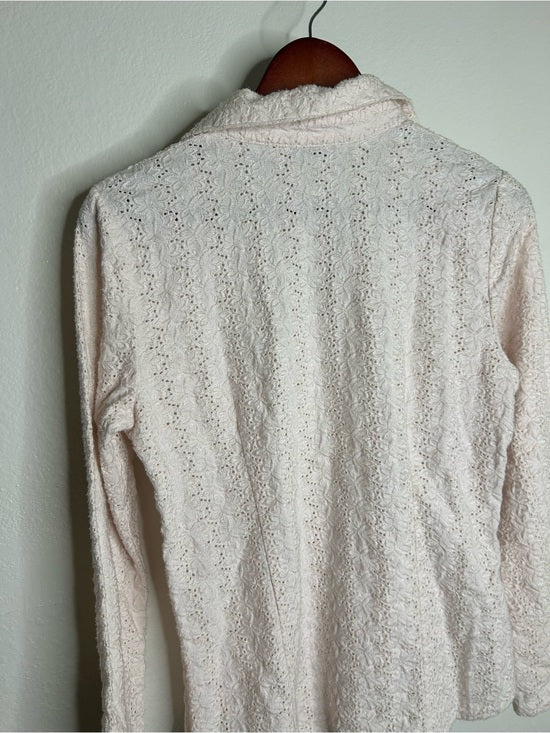Carol Little 100% Linen Woven Cream Eyelet Bell Sleeve V - Neck Long Sleeve Top